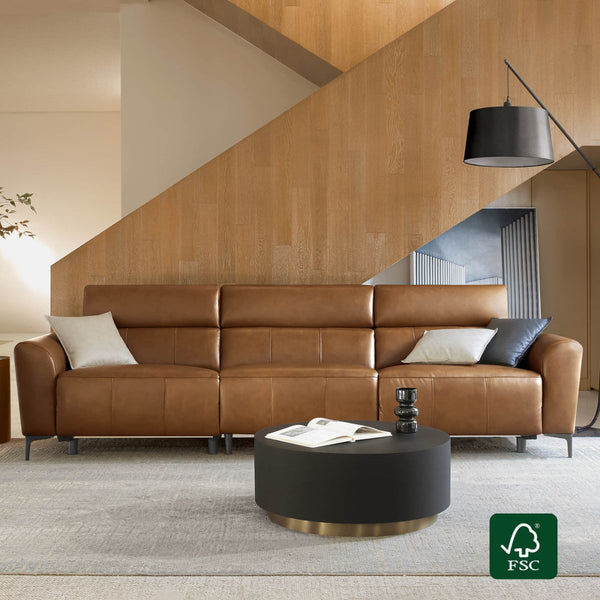 Murphy Premium Dual-Motor Genuine Leather Zero-Wall Power Reclining Sofa in Saddle color.