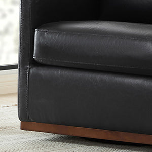 Black leather cushion detail of Henry Modern Swivel Accent Chair with wooden base - CHITA Living