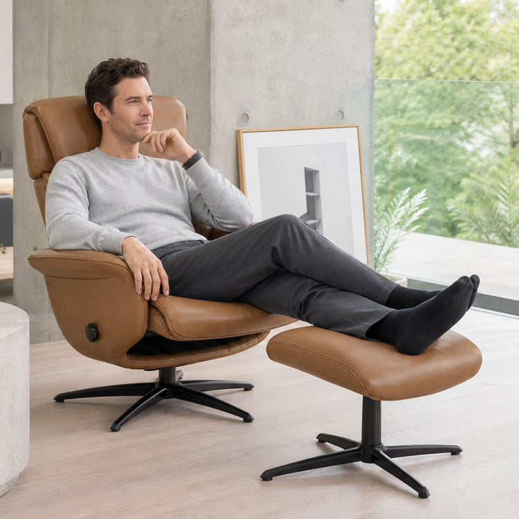 Leslie Genuine Leather Swivel Reclining Chair & Ottoman