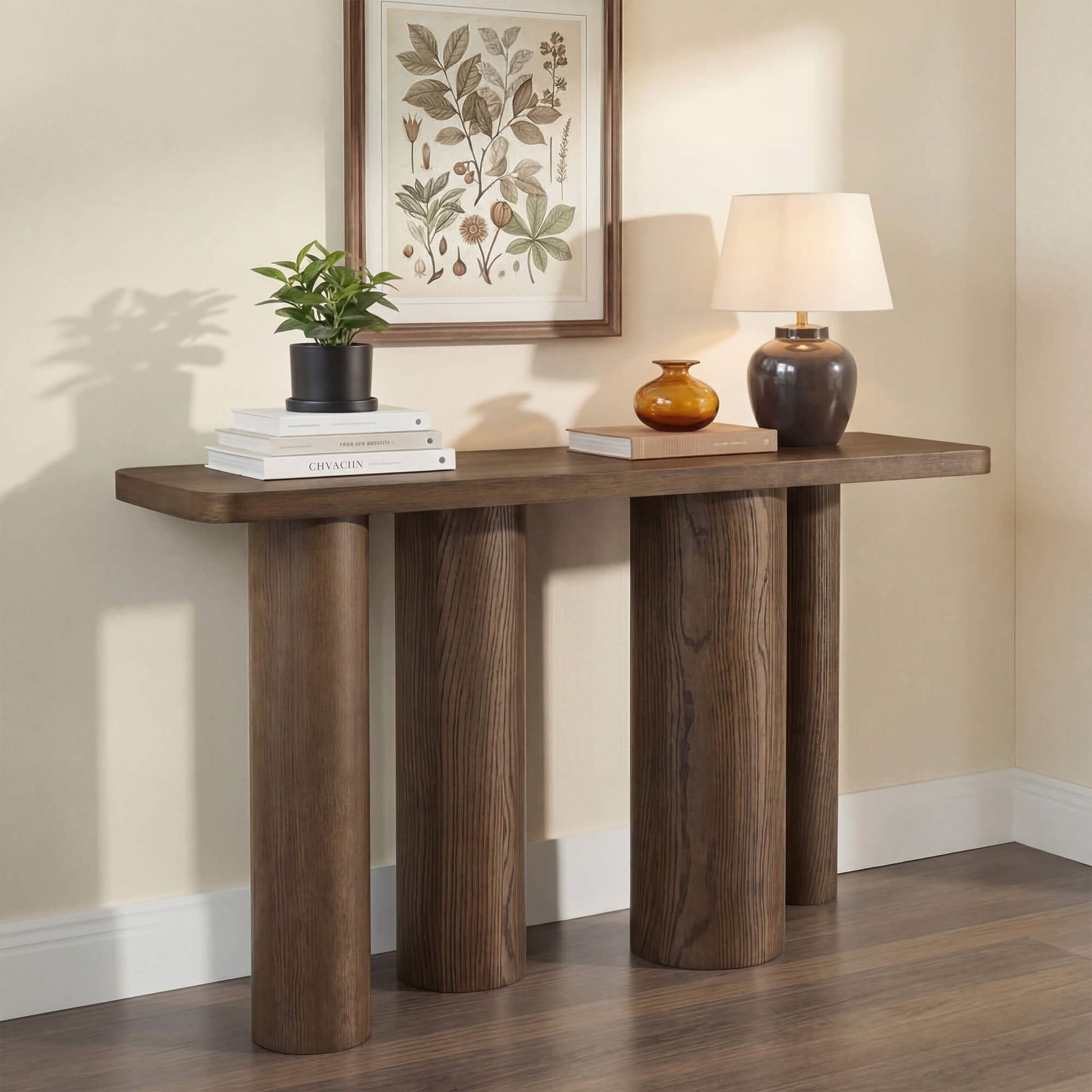 55" Eason Mid-century Oak Wood Console Table with sculptural cylindrical legs and thick oak top.