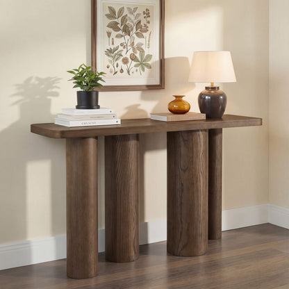 55" Eason Mid-century Oak Wood Console Table with sculptural cylindrical legs and thick oak top.
