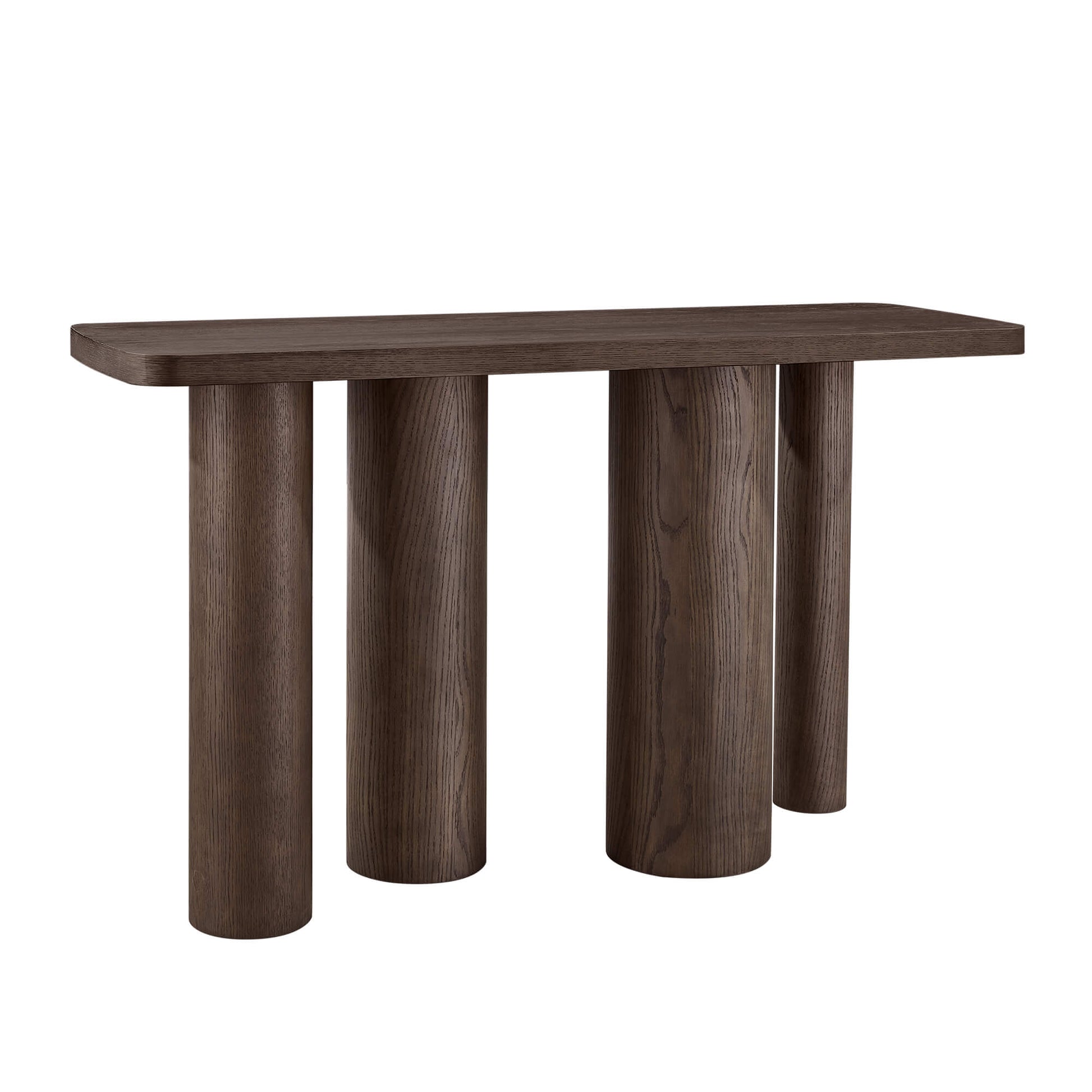 55" Eason Mid-century Oak Wood Console Table with cylindrical legs, dark brown finish.