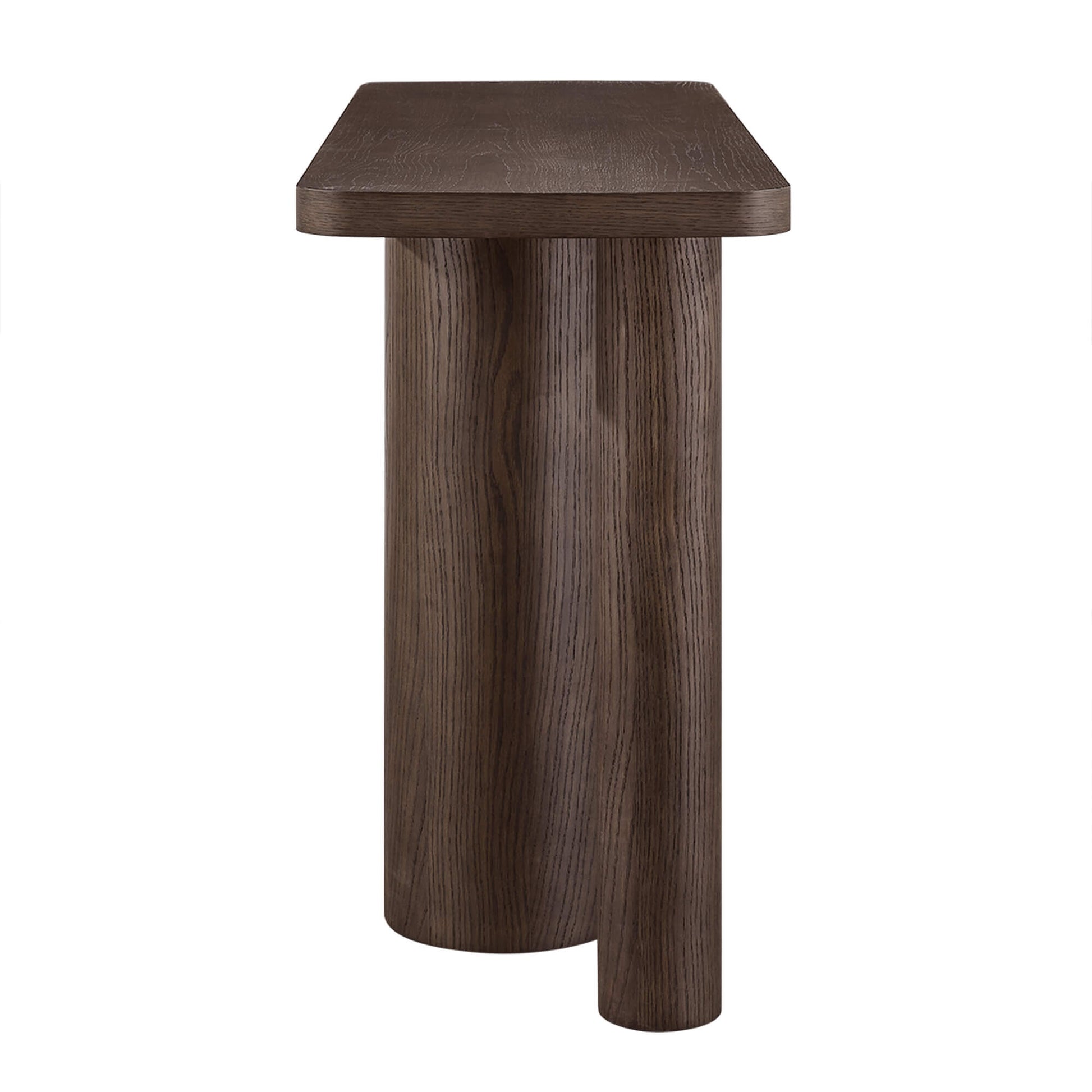 55" Eason Mid-century Oak Wood Console Table with cylindrical legs and dark brown finish.