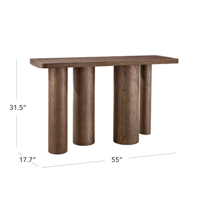 55" Eason Mid-century Oak Wood Console Table with cylindrical legs and dimensions shown.