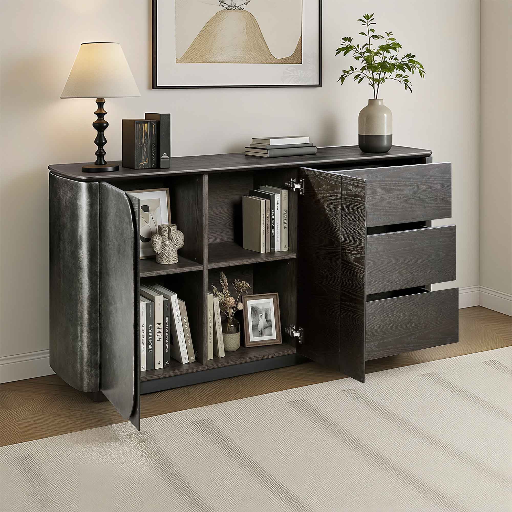 Dark brown Scandinavian sideboard, metallic lacquer door, open shelves, three drawers. Styled with books and decor.