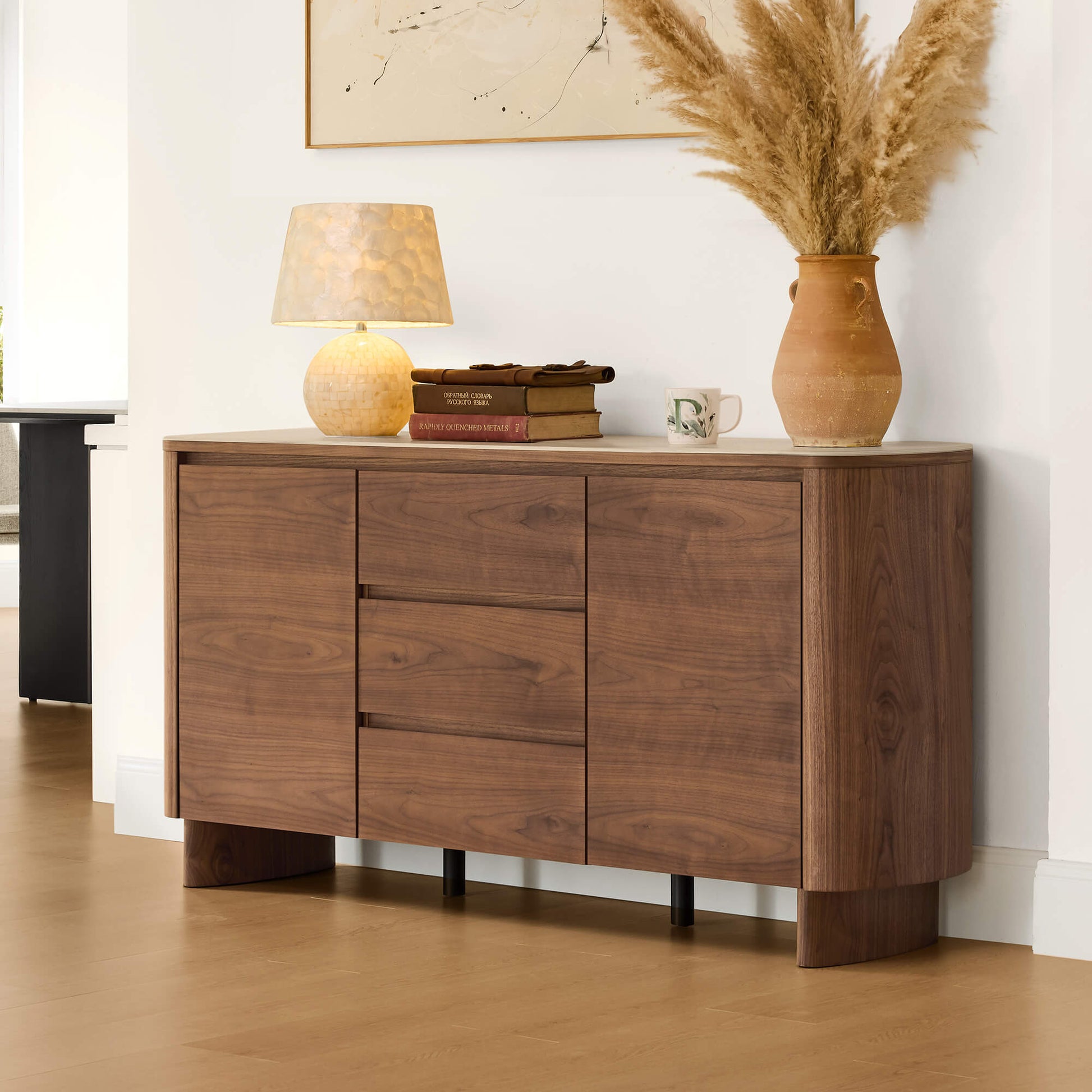 63" Chad Mid-Century walnut sideboard with travertine top, curved corners, and integrated handles.
