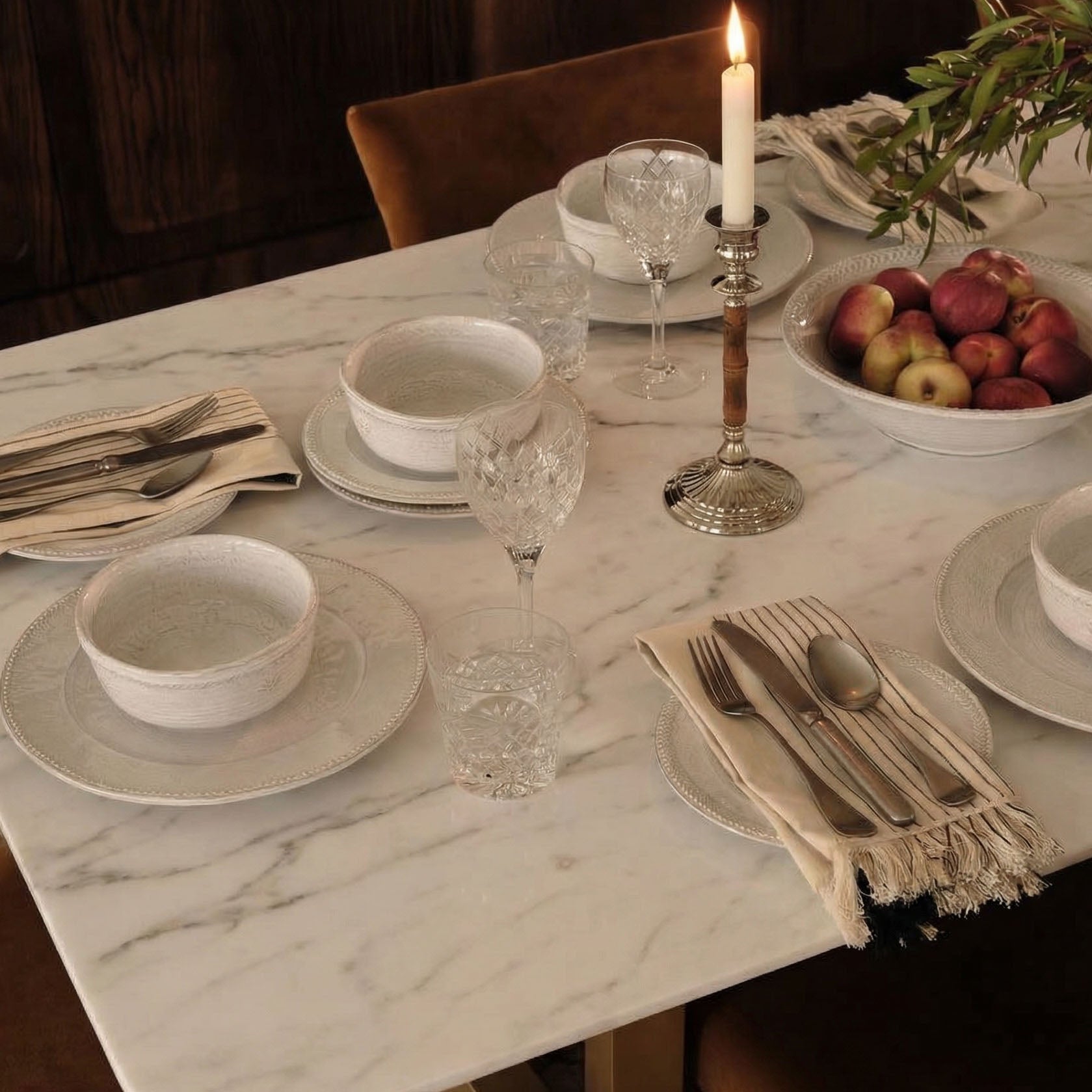63" Teresa Marble Dining Table with U-Shaped Base: elegant table setting with candle.