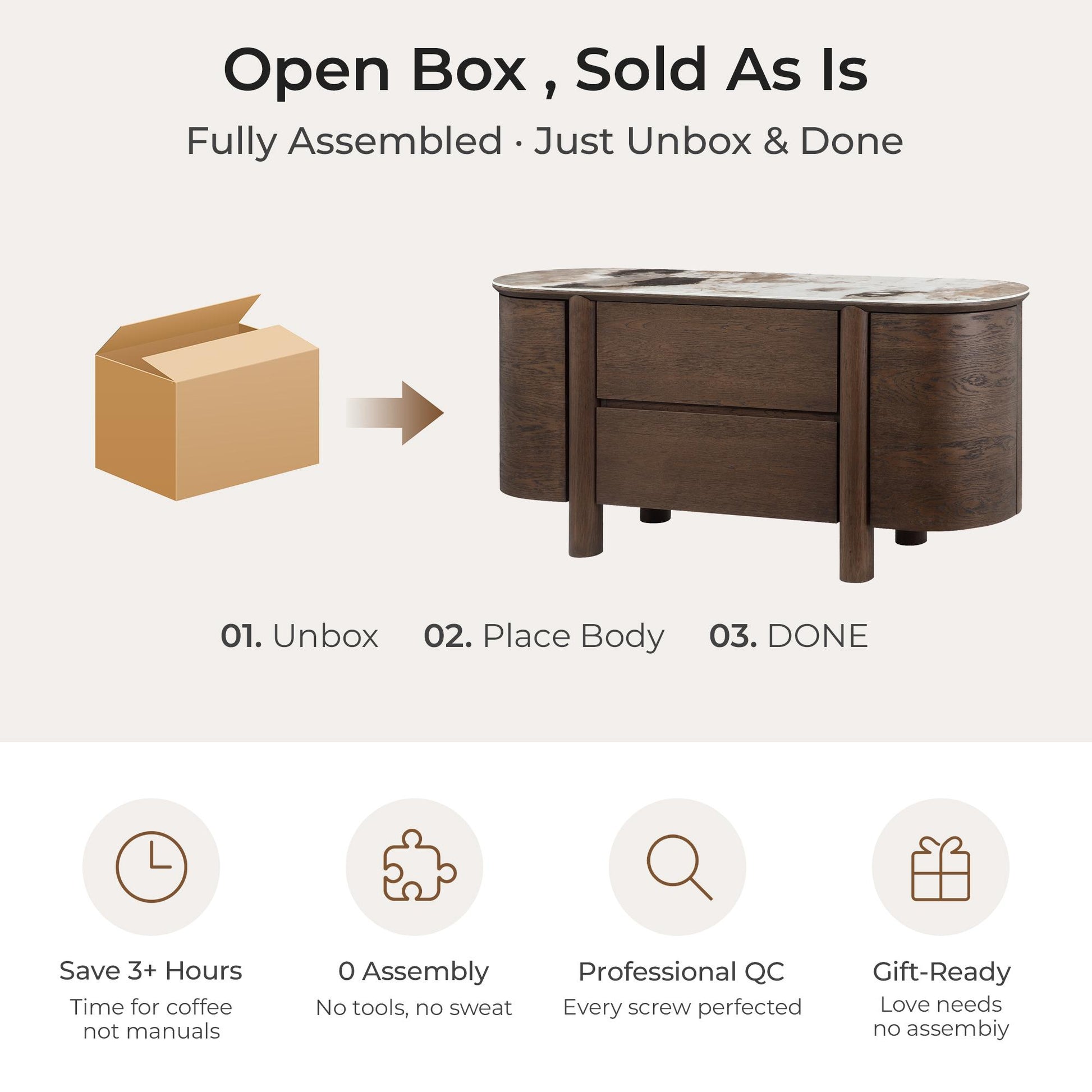 Barry Mid-Century wood-grain sideboard arrives fully assembled, unbox and place illustration.