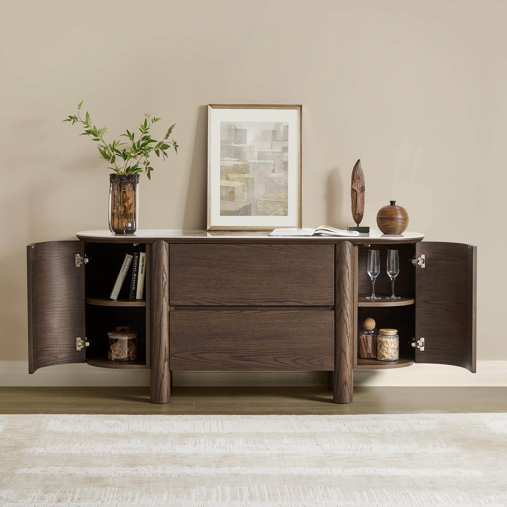 63" Barry Mid-Century Wood Grain Sideboard with Doors & Drawers