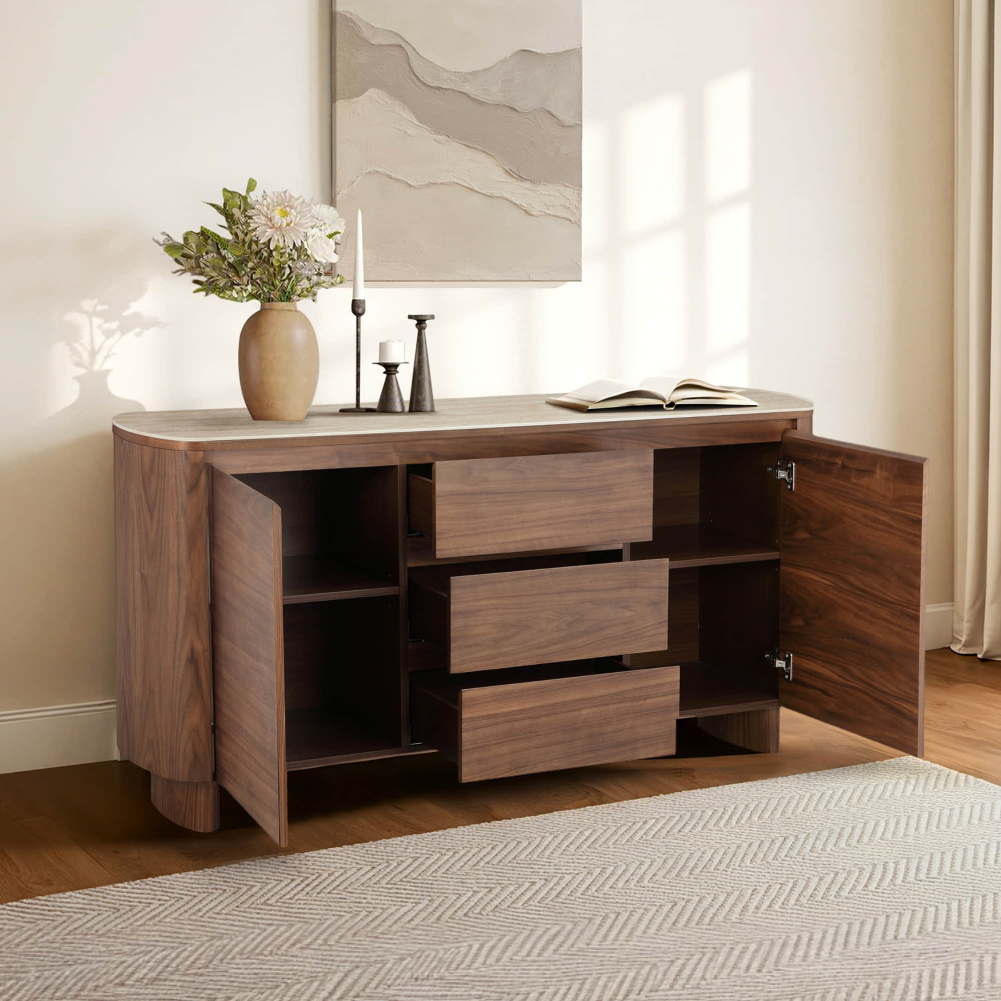 63" Chad Mid-Century Natural Wood Sideboard Buffet with Doors