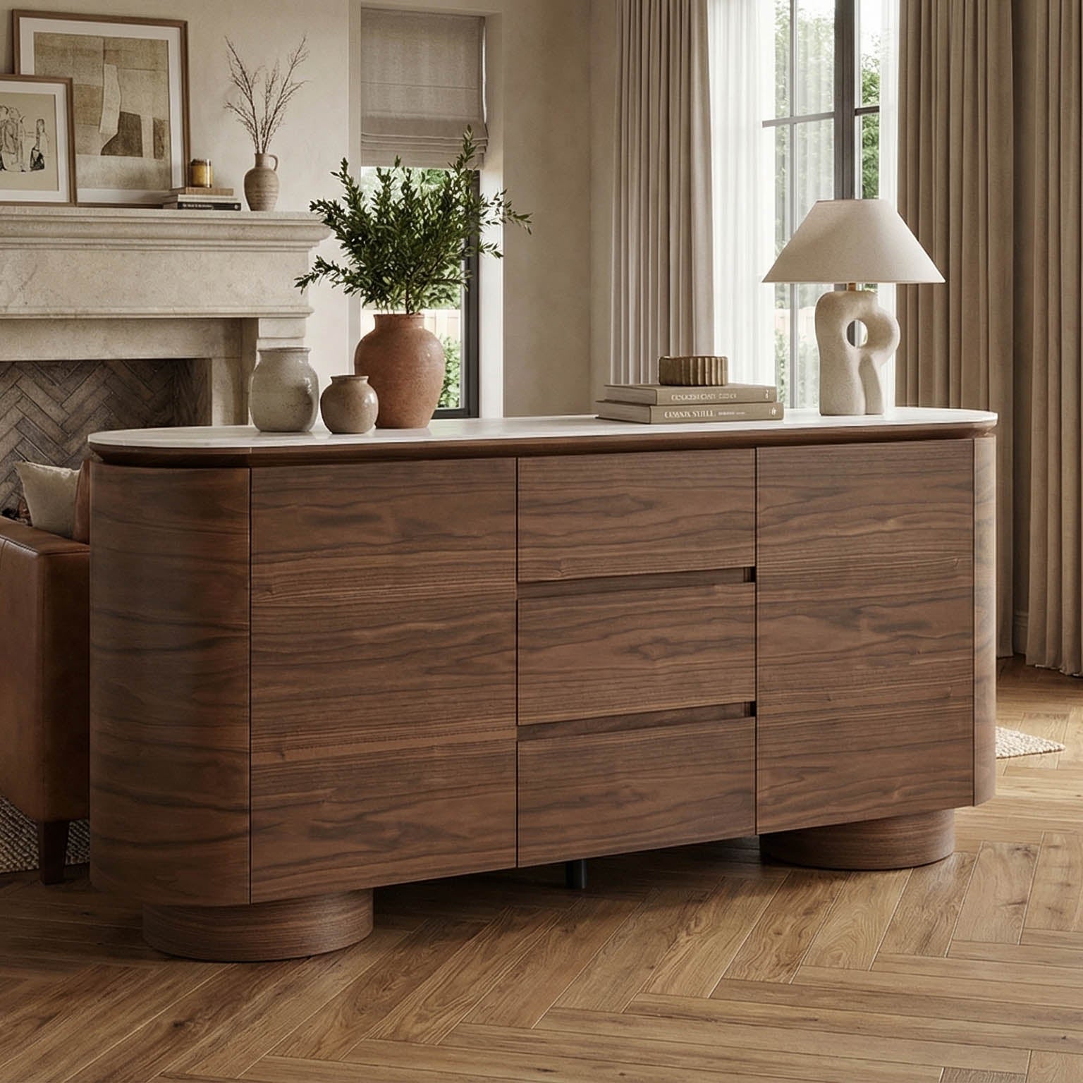 63" Todd Walnut Sideboard with Cylindrical Base