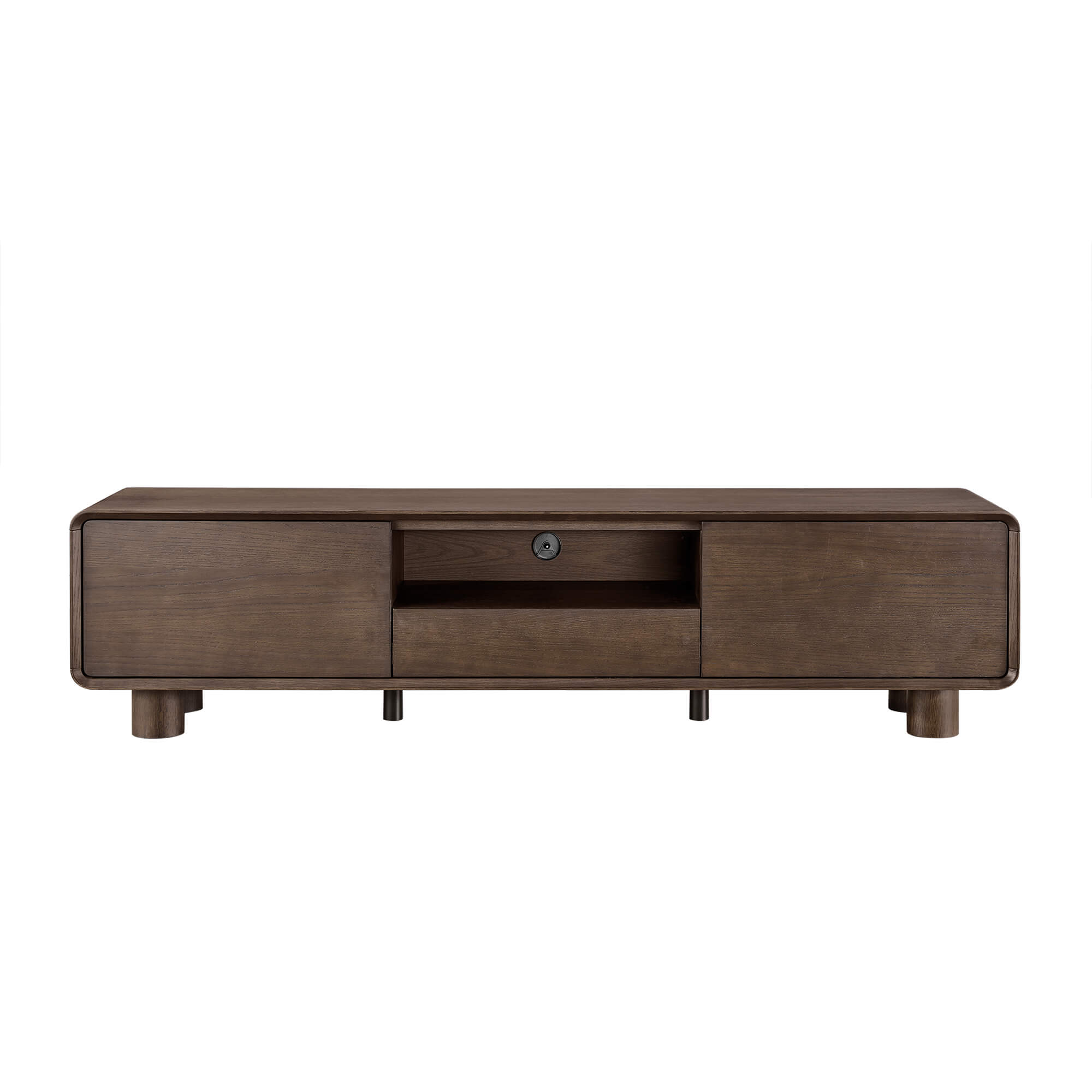 71" Eason Vintage Oak TV Stand with drawers and open shelf in dark brown finish.