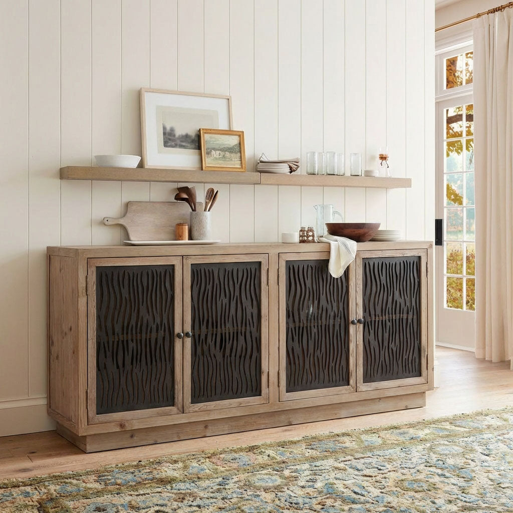 71'' Ethan Modern Farmhouse Display Sideboard Buffet with four wood-framed glass doors.
