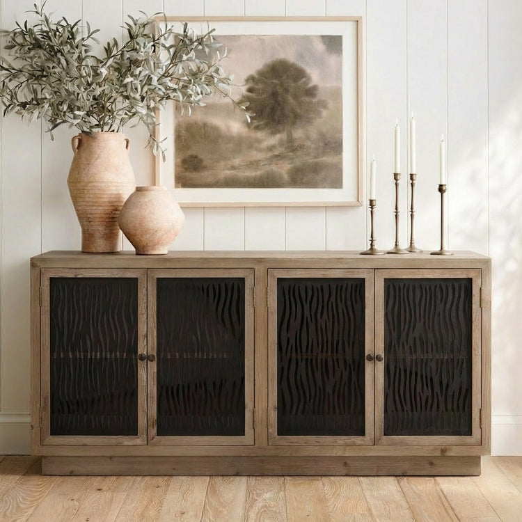 71'' Ethan Modern Farmhouse reclaimed wood sideboard buffet with unique display doors.