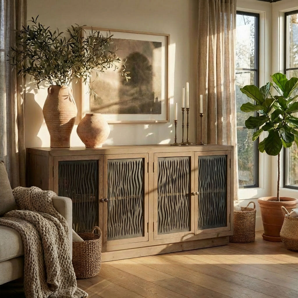 71" Ethan reclaimed fir wood farmhouse sideboard buffet with wavy glass & iron doors
