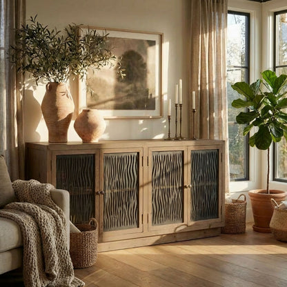 71" Ethan reclaimed fir wood farmhouse sideboard buffet with wavy glass & iron doors