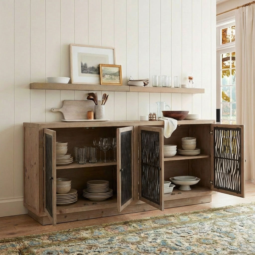 71" Ethan Modern Farmhouse Display Sideboard Buffet of reclaimed fir wood with open doors showcasing storage.