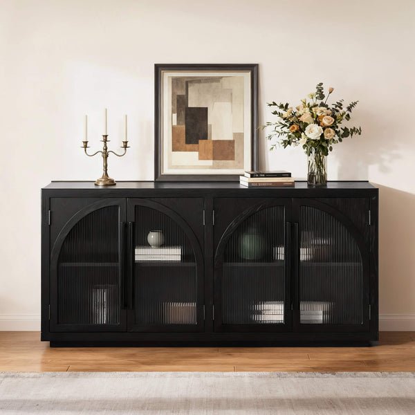 71'' Kyle black display sideboard with arched fluted glass doors and metal handles.