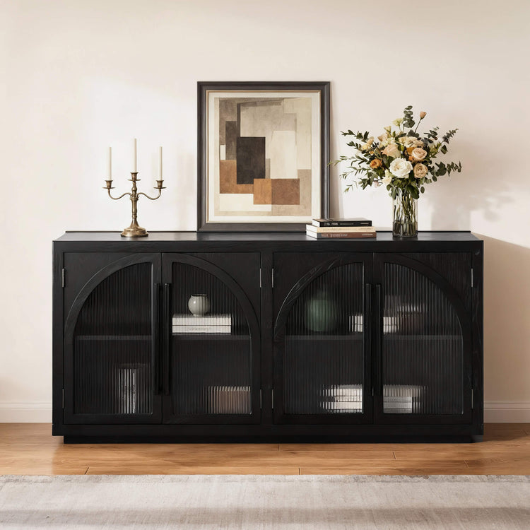 71'' Kyle black display sideboard with arched fluted glass doors and metal handles.