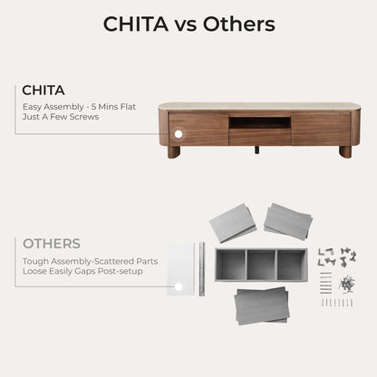71" Chad TV Stand: CHITA's easy 5-min assembly vs. scattered parts and tough assembly of others.