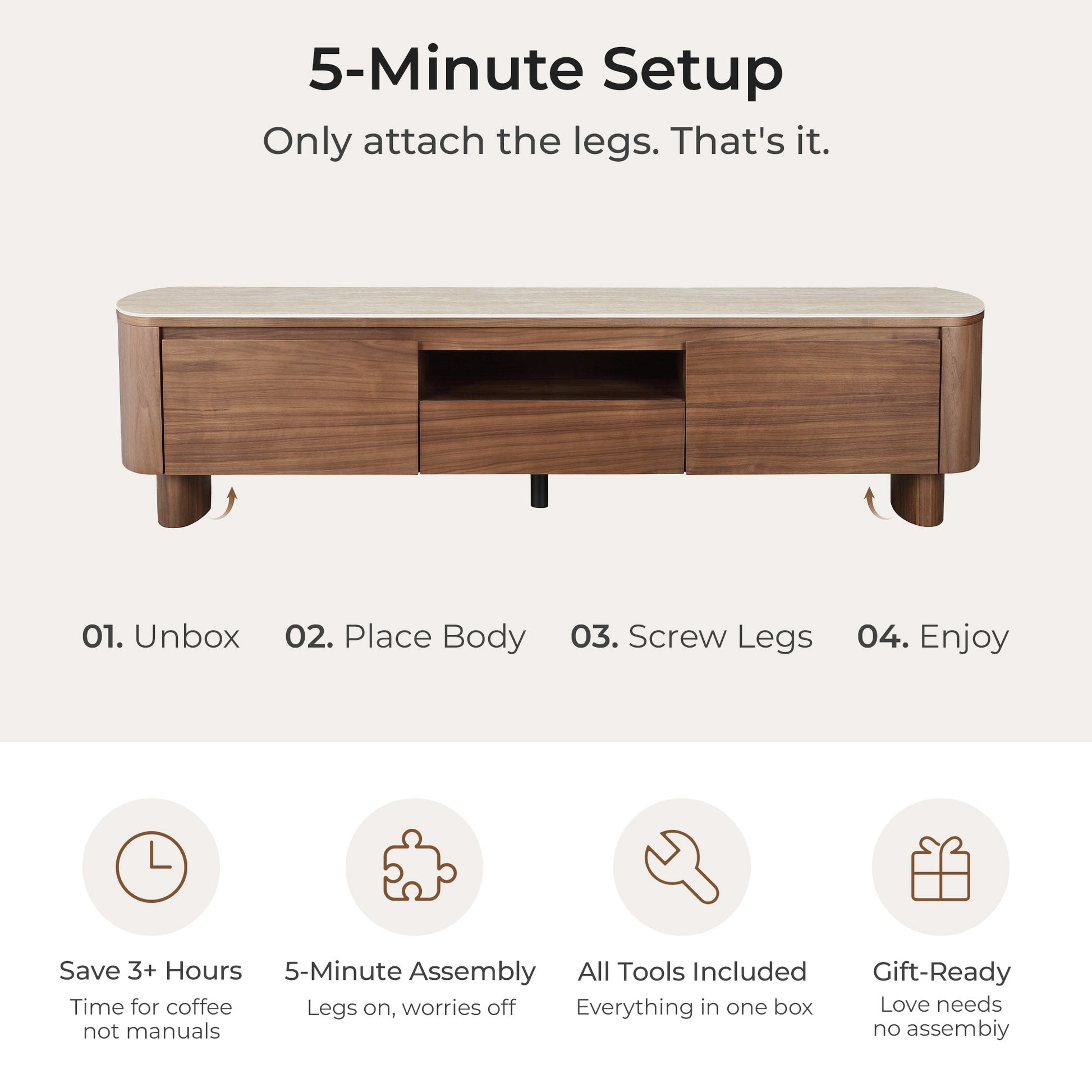 71" Chad Walnut TV stand with travertine top, open shelf, and 5-minute assembly
