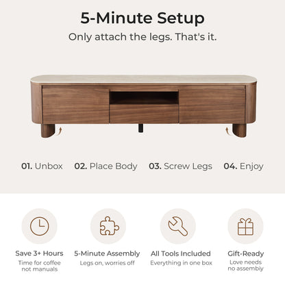 71" Chad Walnut TV stand with travertine top, open shelf, and 5-minute assembly
