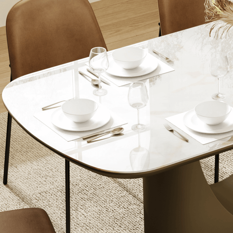 71" Layla soft-corner sintered stone dining table with elegant place settings.