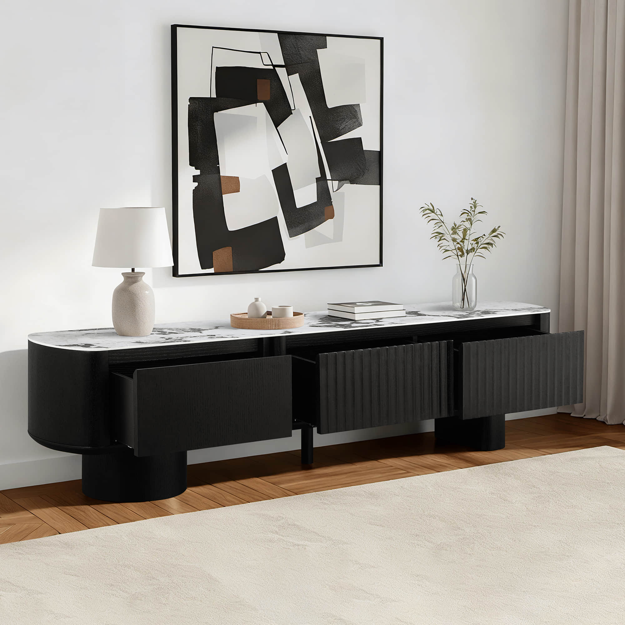 71" Rex Curved Wooden Pull-Out Drawer TV Stand