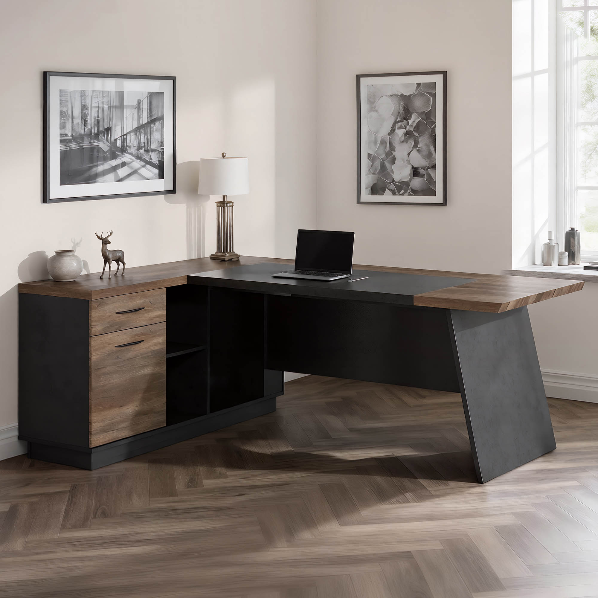 78" Larry L-Shaped Desk Table with File Storage Cabinets