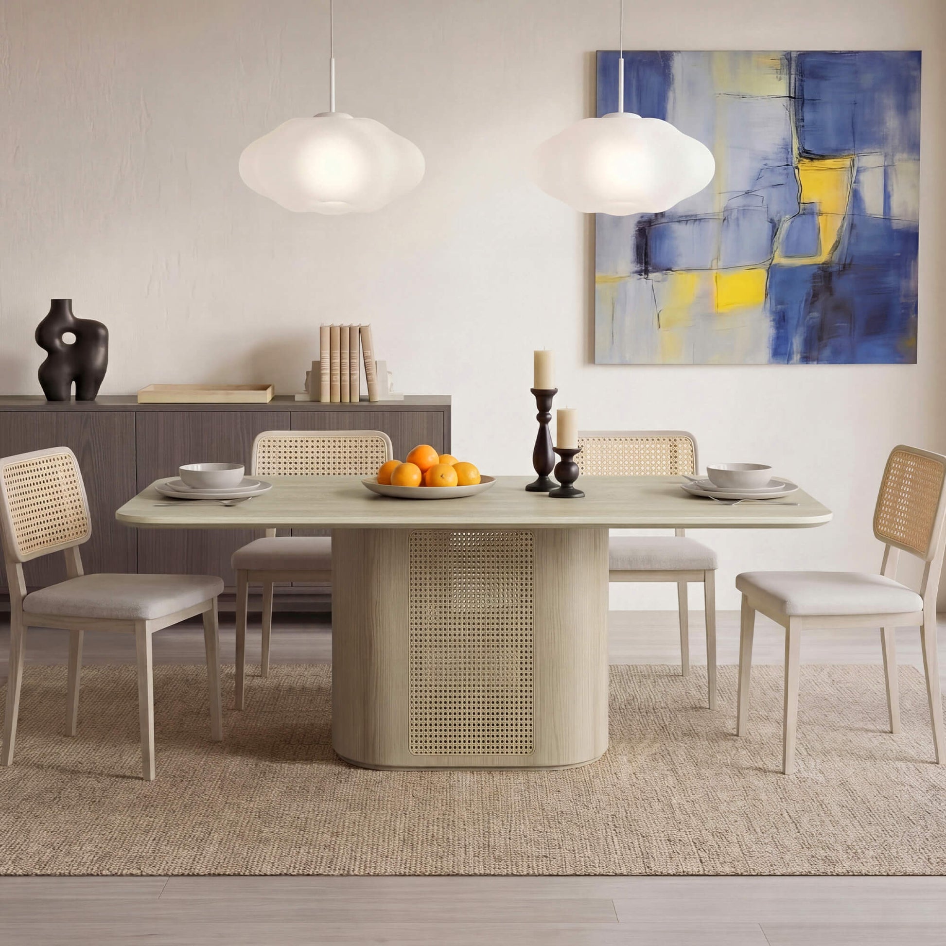 78" Renee Scandinavian Travertine Rattan Dining Table - CHITA Living