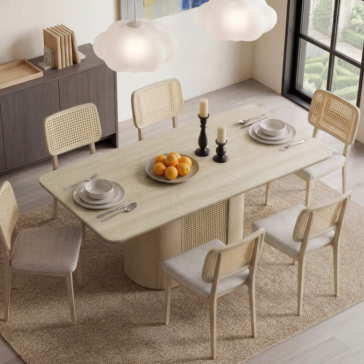 78" Renee Scandinavian Travertine Rattan Dining Table