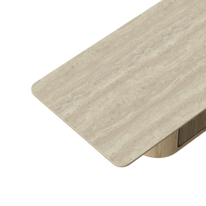 78" Renee Scandinavian Travertine Rattan Dining Table