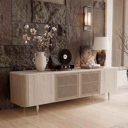 79" Renee Scandinavian Travertine Marble TV Stand with Woven Rattan
