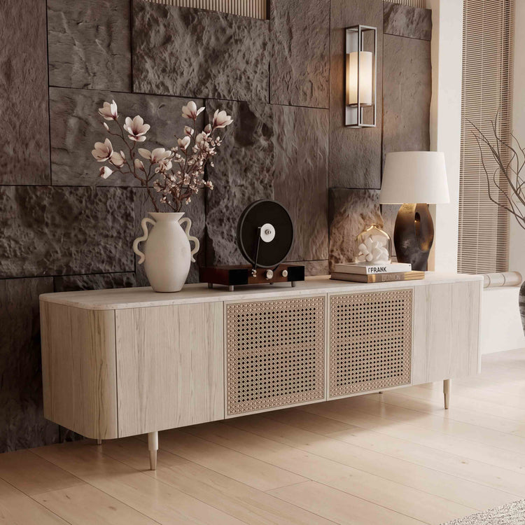 79" Renee Scandinavian Travertine TV Stand with Woven Rattan
