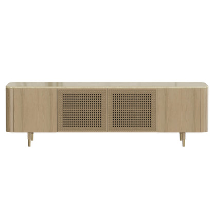 79" Renee Scandinavian Travertine Marble TV Stand with Woven Rattan