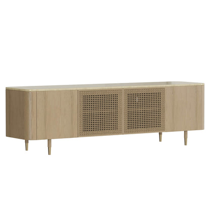 79" Renee Scandinavian Travertine Marble TV Stand with Woven Rattan