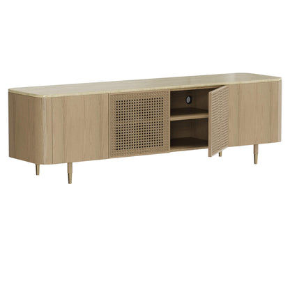 79" Renee Scandinavian Travertine Marble TV Stand with Woven Rattan