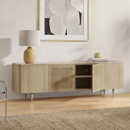 79" Renee Scandinavian Travertine Marble TV Stand with Woven Rattan
