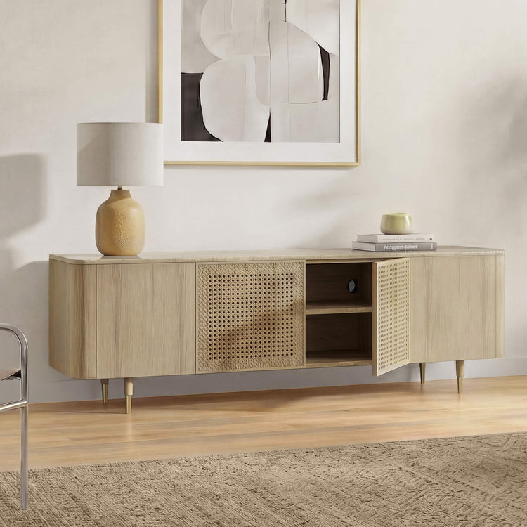 79" Renee Scandinavian Travertine Marble TV Stand with Woven Rattan