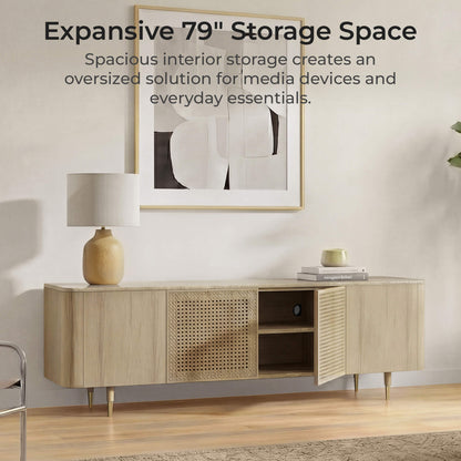 79" Renee Scandinavian Travertine Marble TV Stand with Woven Rattan