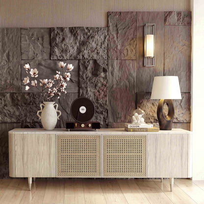 79" Renee Scandinavian Travertine Marble TV Stand with Woven Rattan