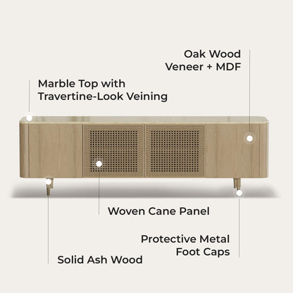 79" Renee Scandinavian Travertine Marble TV Stand with Woven Rattan