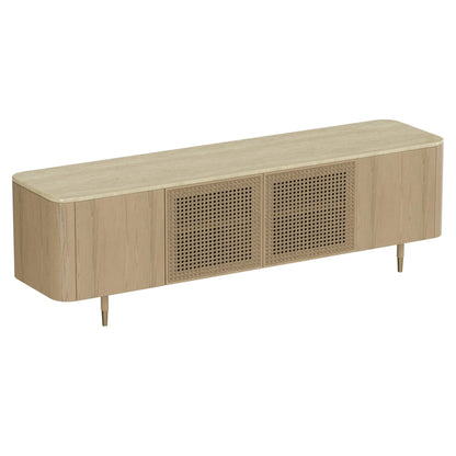 79" Renee Scandinavian Travertine Marble TV Stand with Woven Rattan