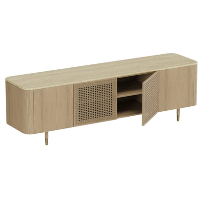 79" Renee Scandinavian Travertine Marble TV Stand with Woven Rattan