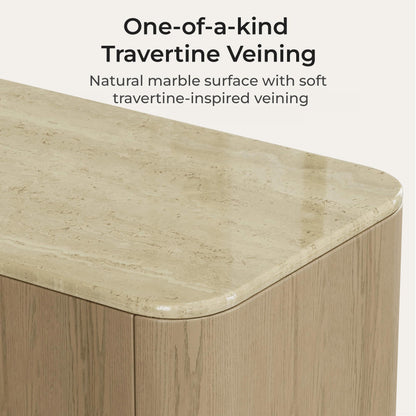 79" Renee Scandinavian Travertine Marble TV Stand with Woven Rattan