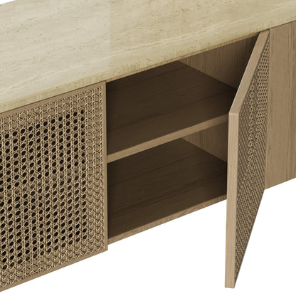 79" Renee Scandinavian Travertine Marble TV Stand with Woven Rattan
