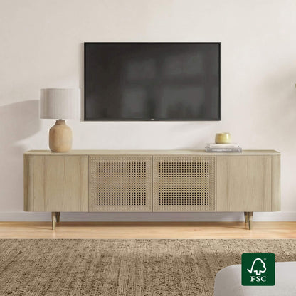 79" Renee Scandinavian Travertine Marble TV Stand with Woven Rattan