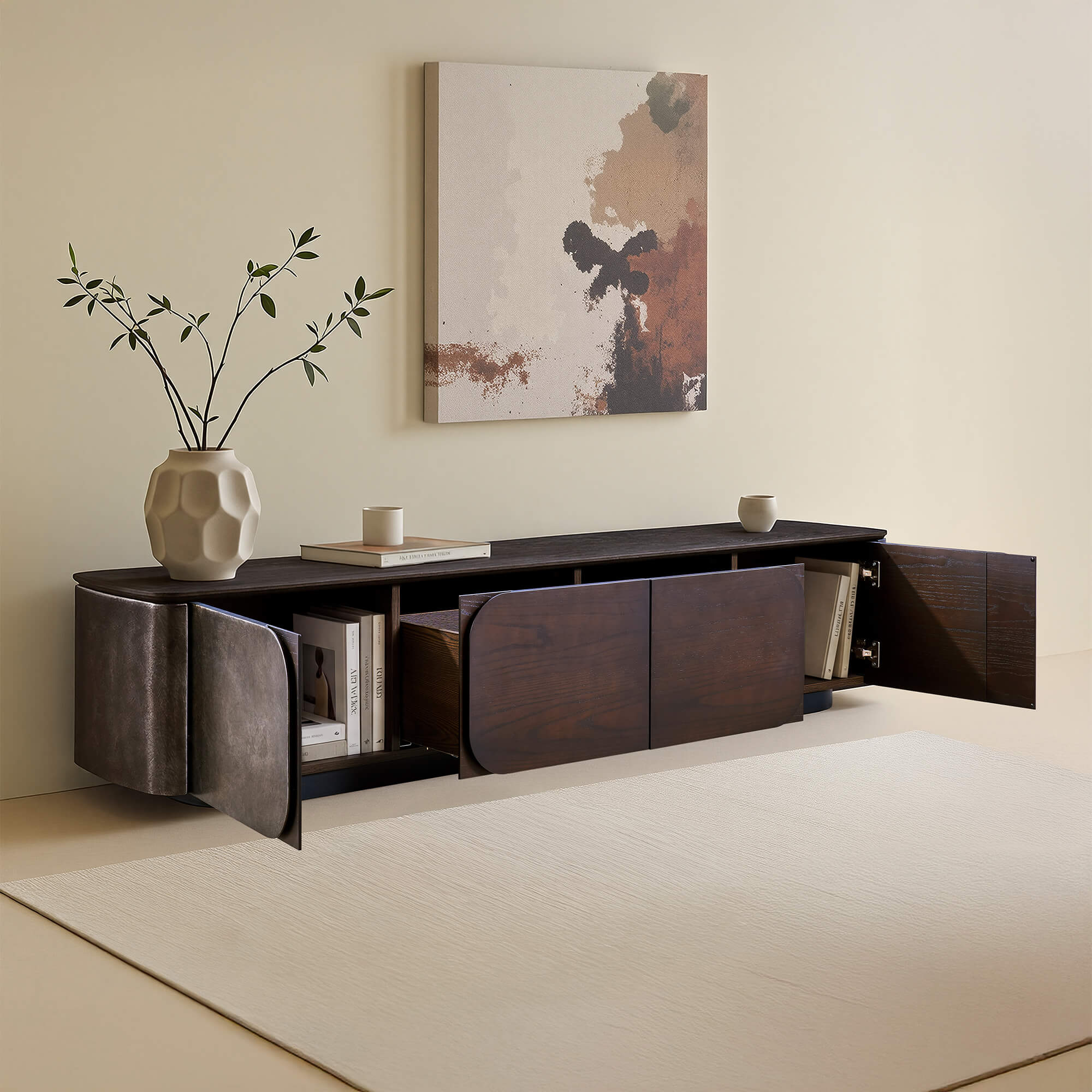 79" Samuel dark brown rounded panel TV media console with metallic lacquer doors and open shelves.