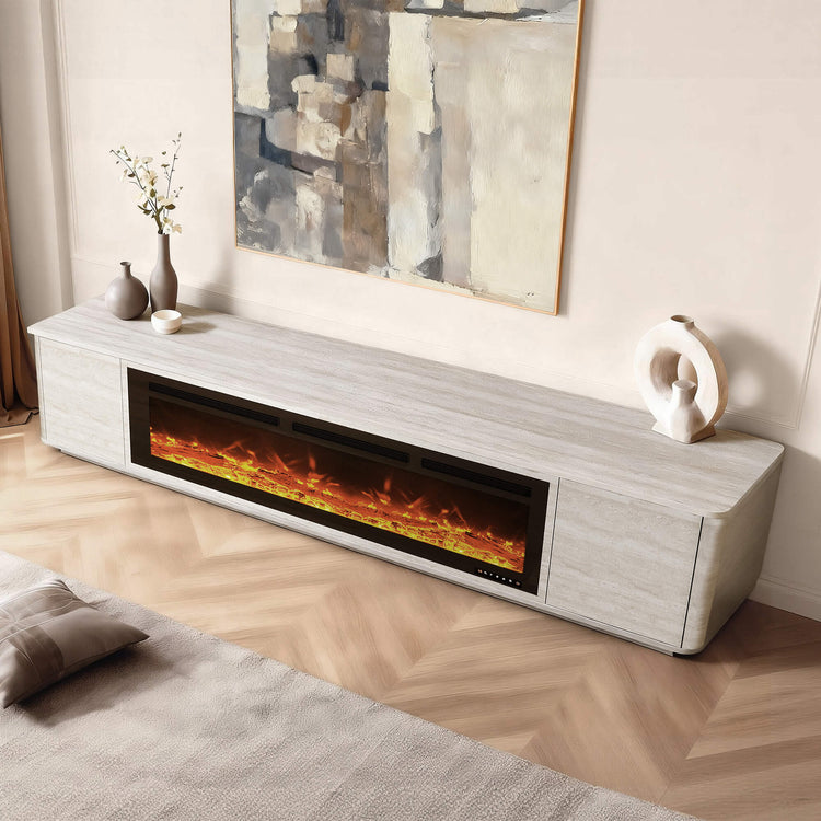 79" Aaron Travertine Electric Fireplace TV Stand with integrated panoramic fireplace in a modern living room setting.