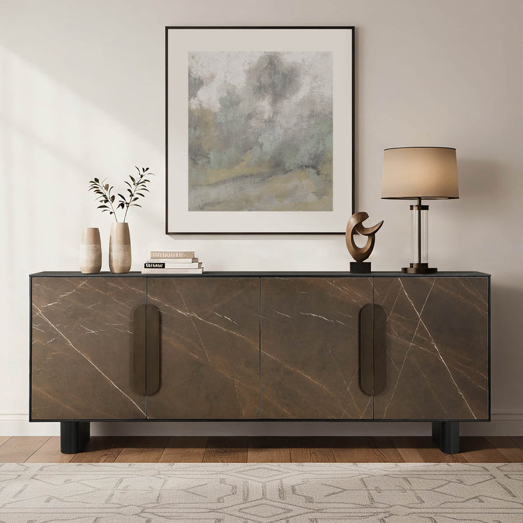 79-inch Vito metal-accent sideboard with dark marble-effect doors and steel frame.